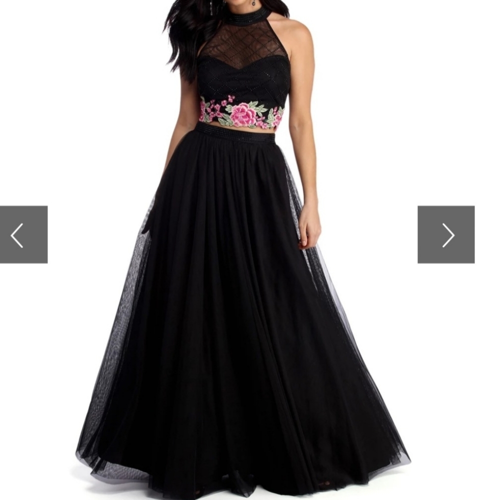 Windsor Black Two-Piece Prom Dress with Pink Floral Embroidery